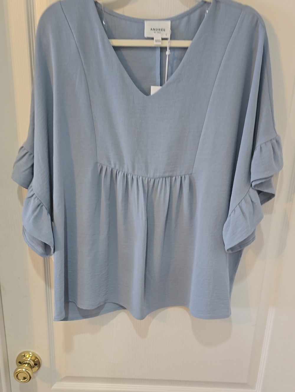 Andree Light Blue V-Neck Ruffle Sleeve Tunic Top